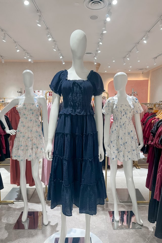 Ripple Textured Ruffles Tiered Midi Dress In Navy