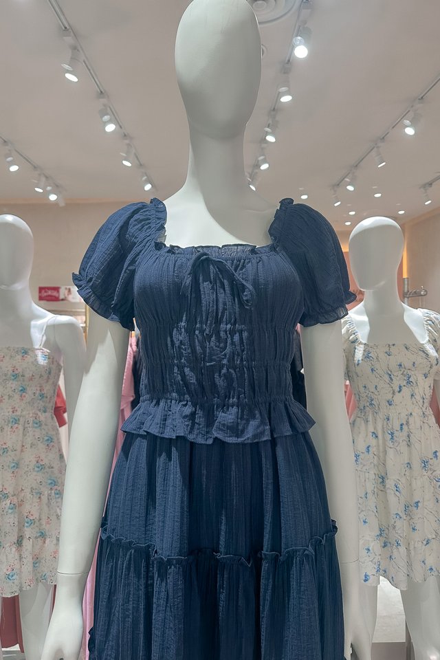 Ripple Textured Ruffles Tiered Midi Dress In Navy