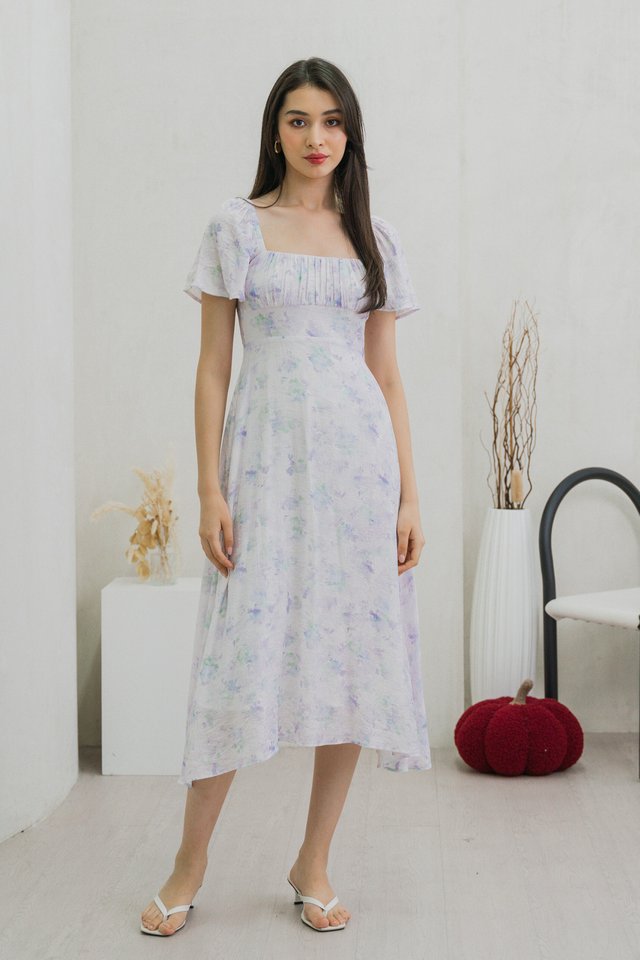 Afterglow Pastel Ruched Midi Dress In Lavender