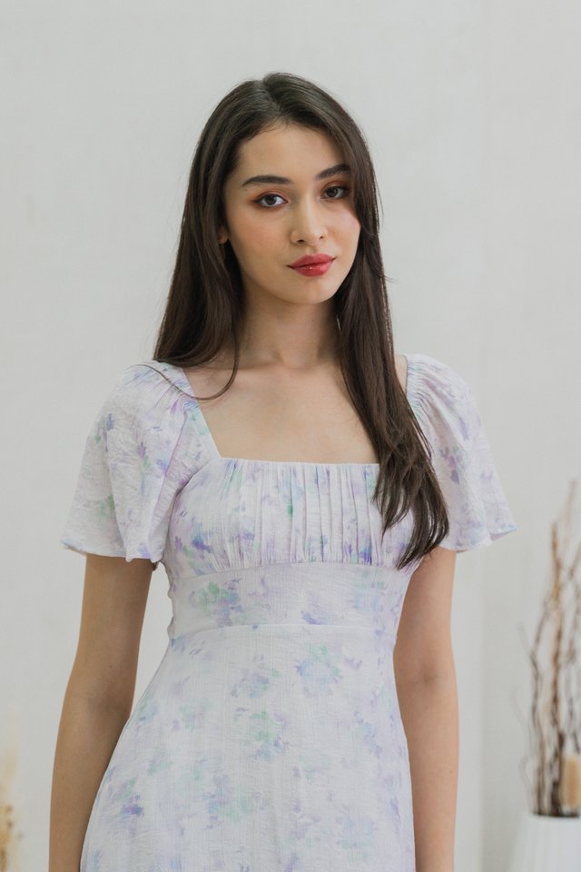 Afterglow Pastel Ruched Midi Dress In Lavender