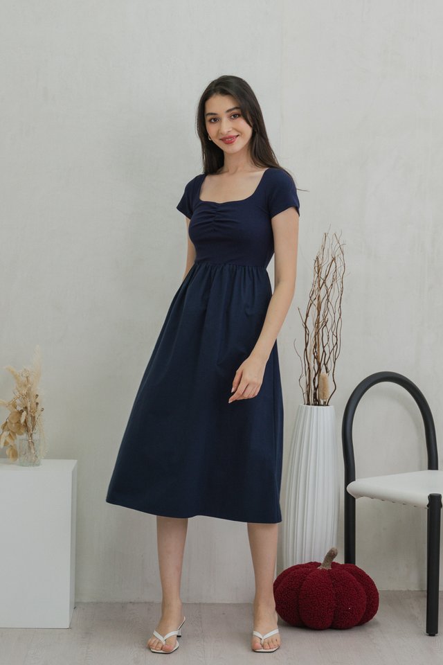 Mica Sweetheart Mix Fabric Midi Dress In Navy
