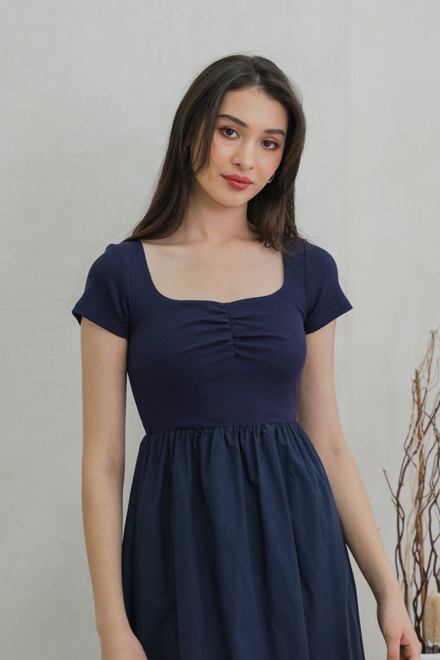 Mica Sweetheart Mix Fabric Midi Dress In Navy