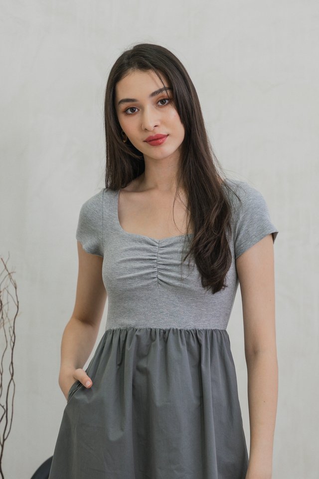 Mica Sweetheart Mix Fabric Midi Dress In Grey