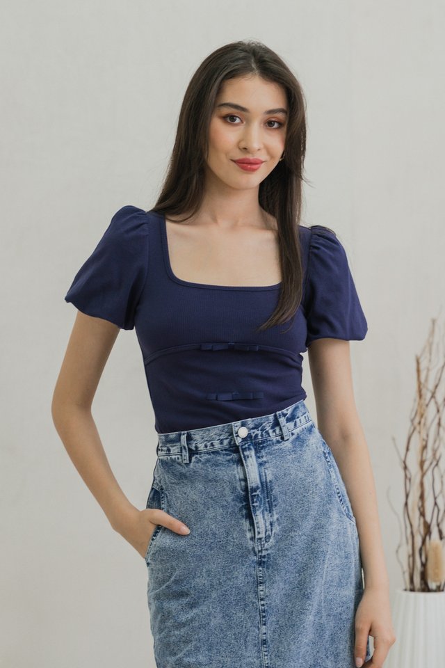 Blanca Ribbed Cotton Bow Top In Navy