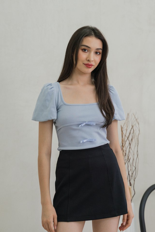 Blanca Ribbed Cotton Bow Top In Light Blue