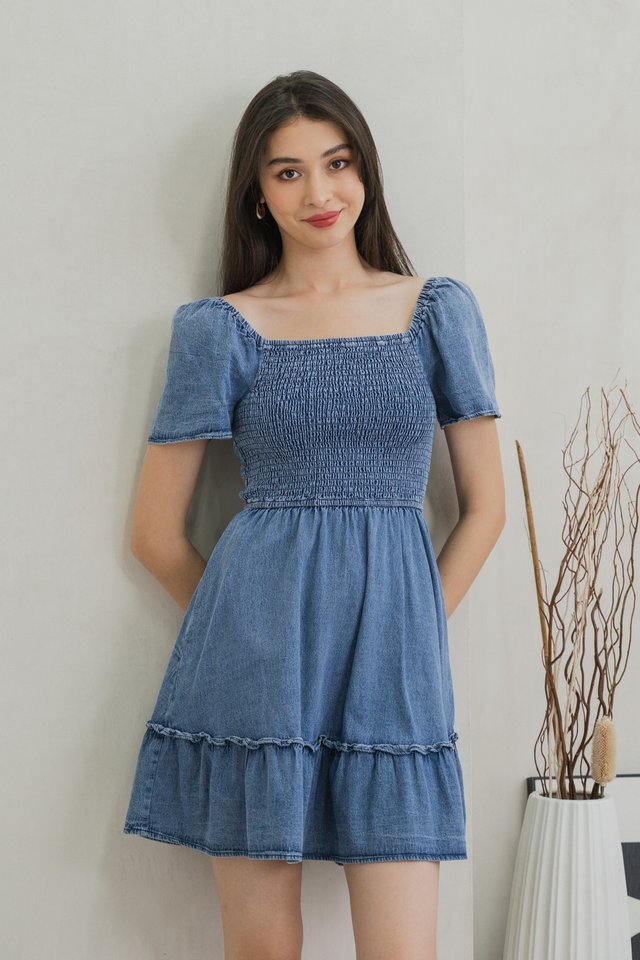 Rumi Smocked Denim Ruffles Dress