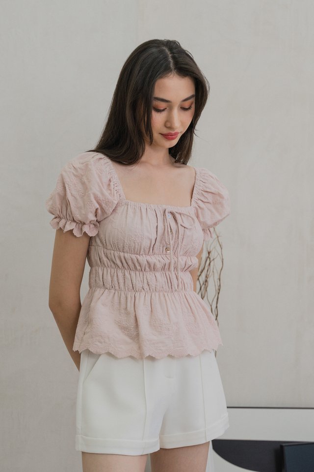 Easter Embroidered Puff Sleeves Top In Dusty Pink