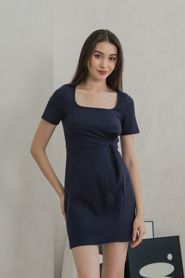 Corela Side Twist Ribbed Cotton Dress In Navy