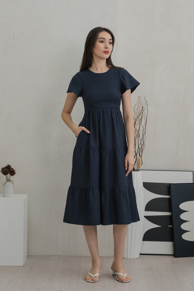 Millicent Textured Tiered Midi Dress In Midnight Blue