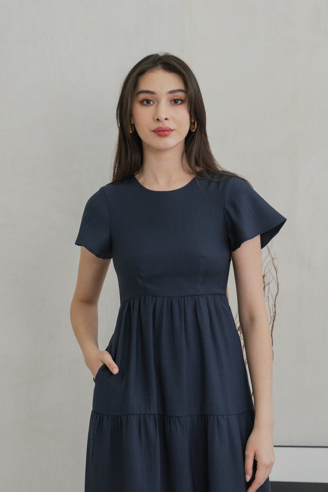 Millicent Textured Tiered Midi Dress In Midnight Blue