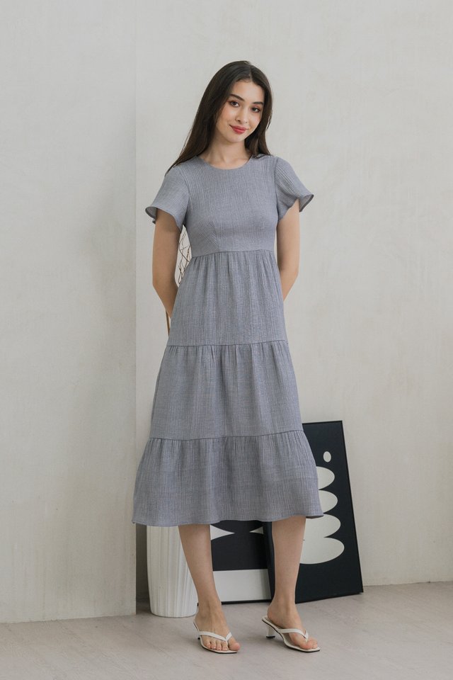 Millicent Textured Tiered Midi Dress In Grey