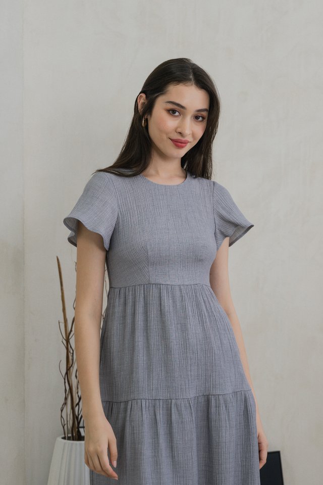 Millicent Textured Tiered Midi Dress In Grey