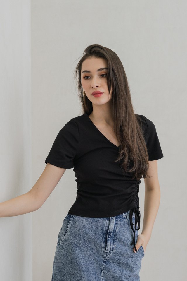 Ren Ruched Cotton Top In Black