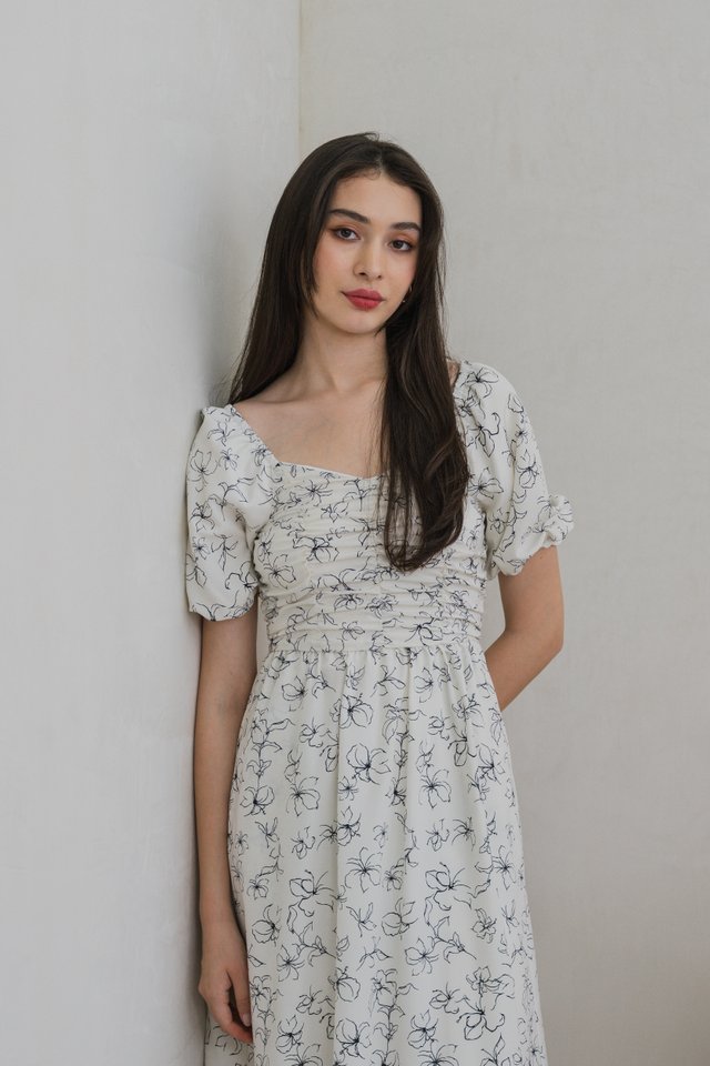 Hibiscus Floral Ruched Midi Dress In White