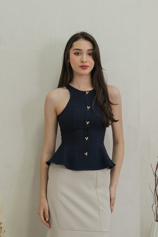 Hermia Hearts Peplum Top In Navy