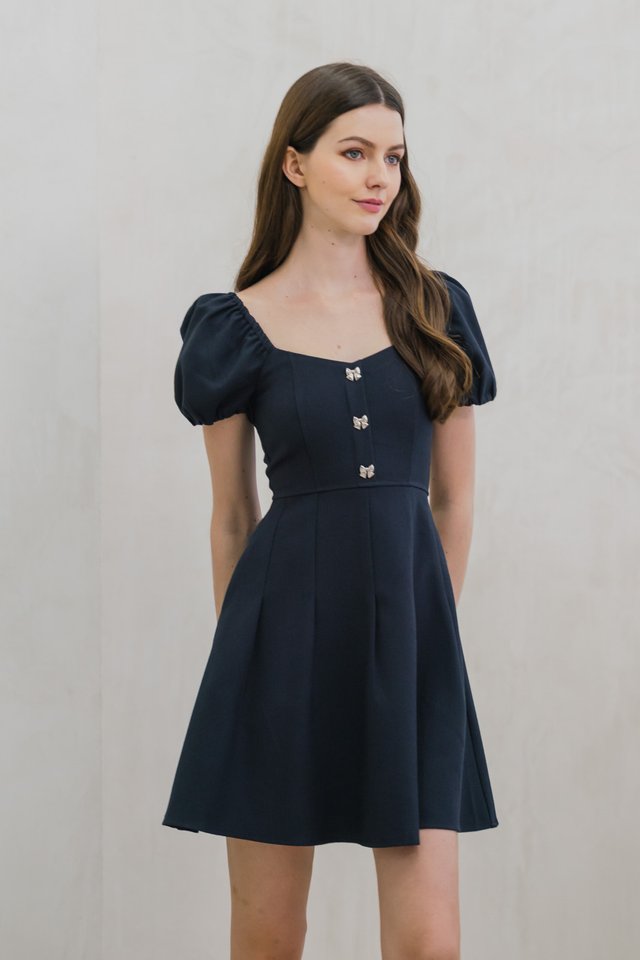 Precious Ribbon Button Puff Sleeve Dress In Navy
