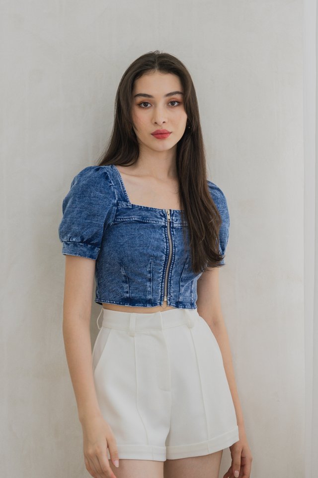 Devin Denim Front Zipper Crop Top
