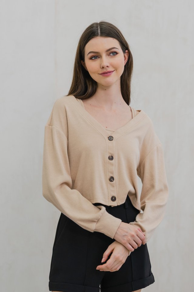 Calypso Two Piece Comfy Cardigan Top In Khaki