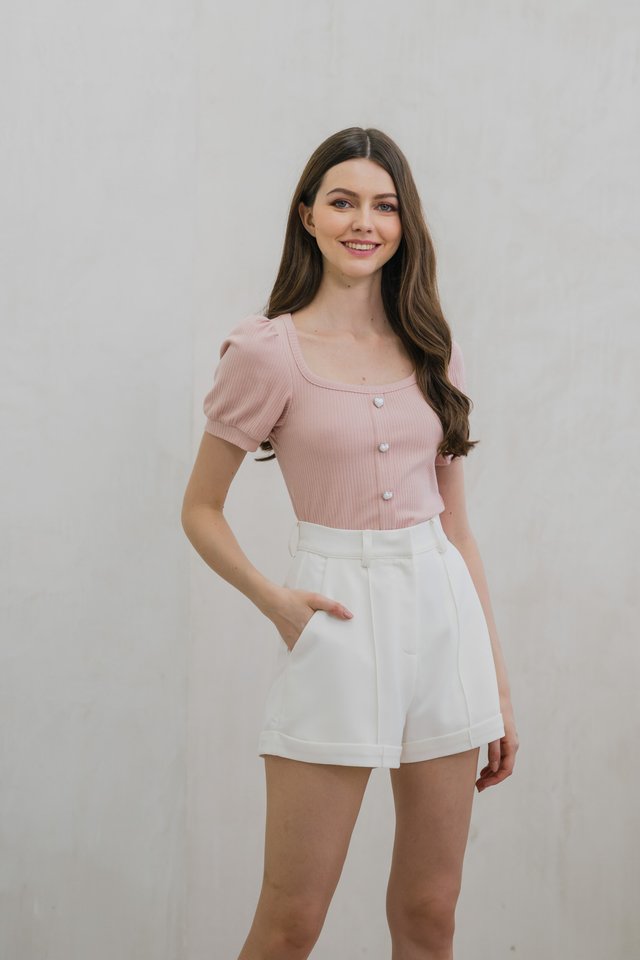 Holiday Heart Button Ribbed Top In Dusty Pink