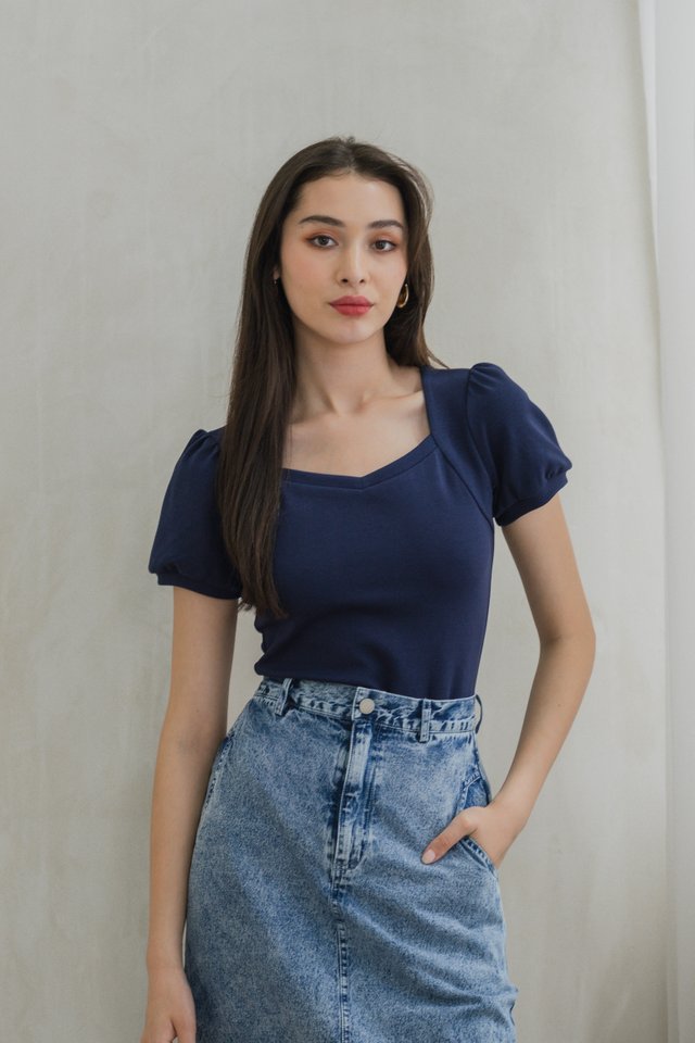 Katnis Cotton Puff Sleeves Top In Navy