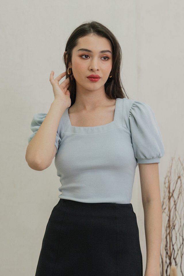 Snowy Knit Puff Sleeves Top In Dusty Blue