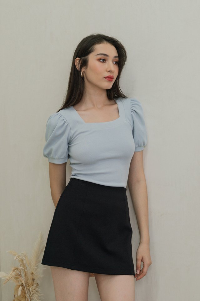 Snowy Knit Puff Sleeves Top In Dusty Blue