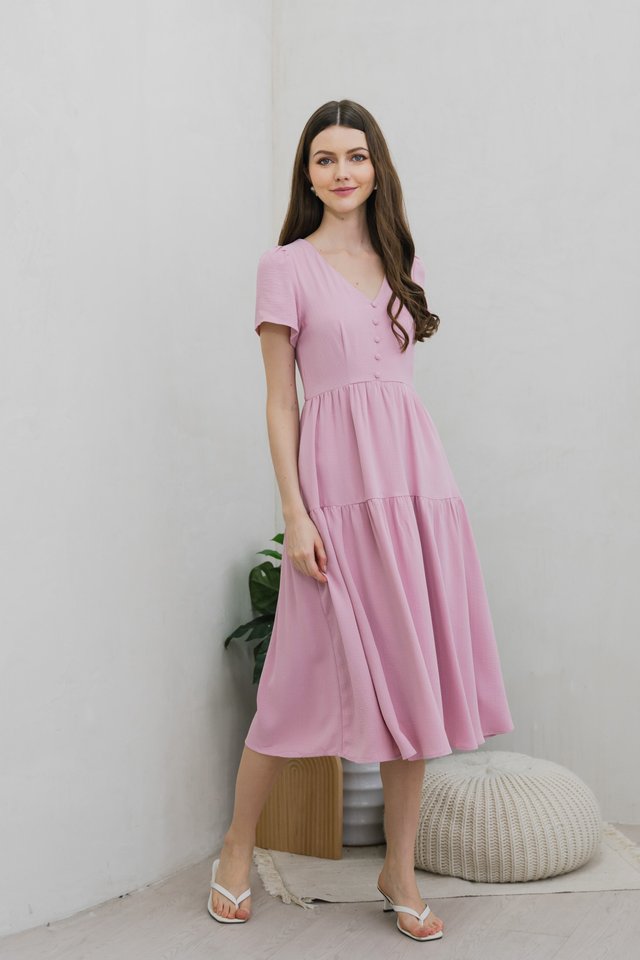 Tranquil Textured Button Tiered Midi Dress In Pink