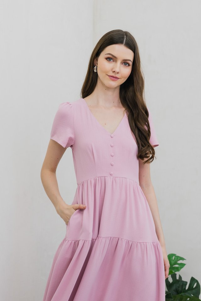 Tranquil Textured Button Tiered Midi Dress In Pink
