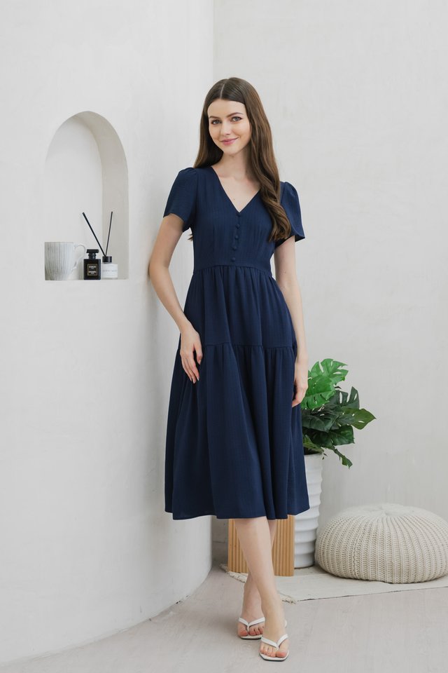 Tranquil Textured Button Tiered Midi Dress In Navy
