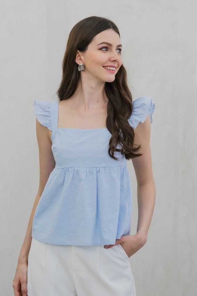 Eliza Embroidered Babydoll Top In Powder Blue