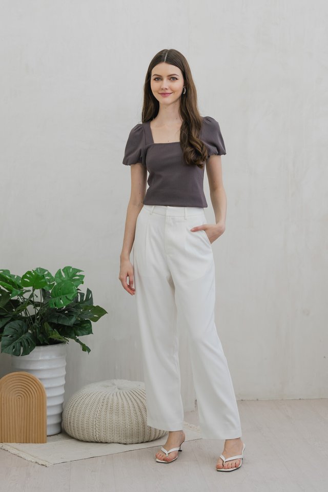 Rei Ribbed Puff Sleeve Top In Cocoa