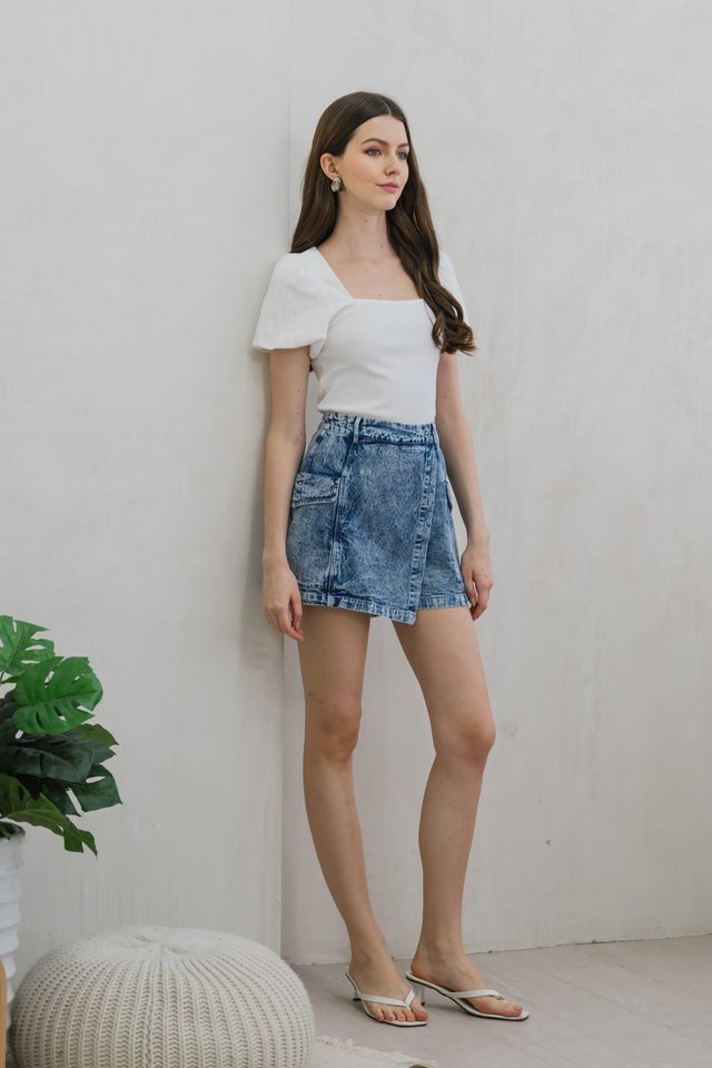 Ocean Denim Pocket Overlap Skort In Acid Wash