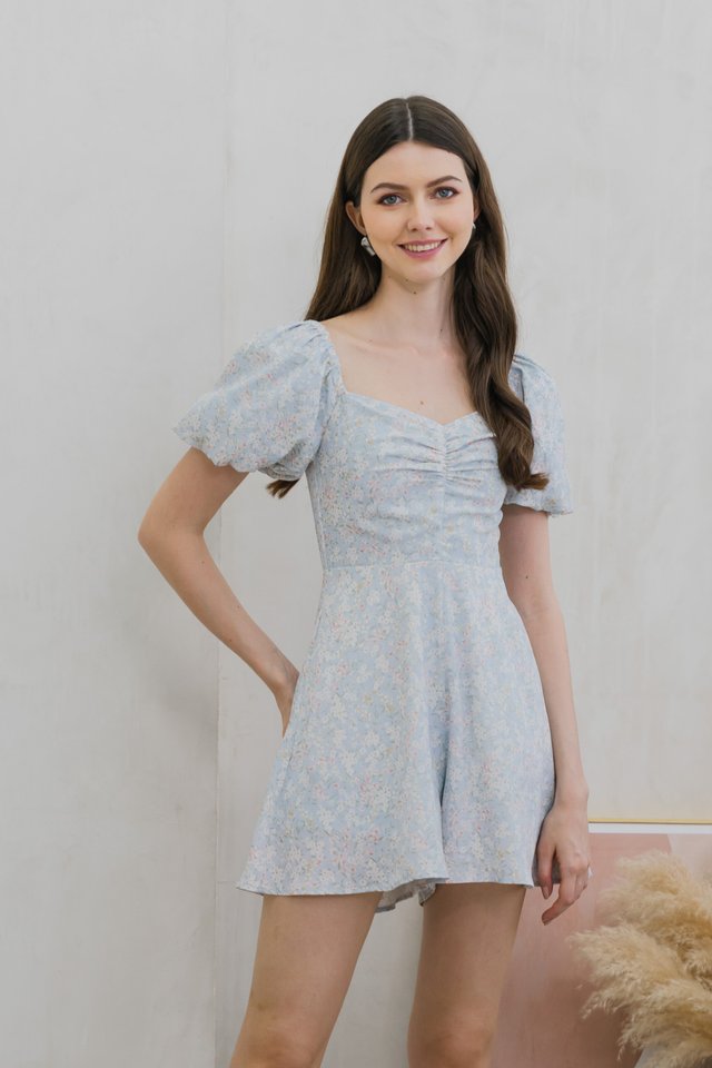 Camelia Floral Sweetheart Romper In Blue