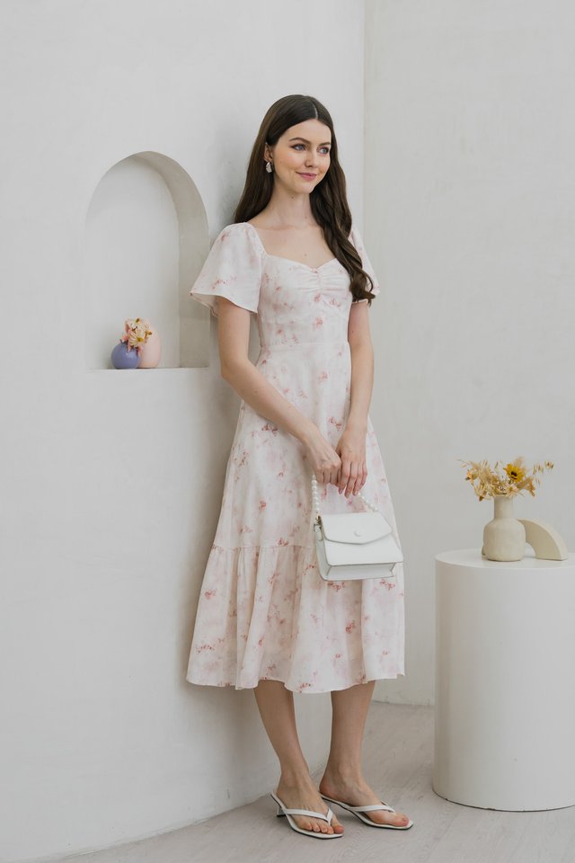 Rexa Ribbon Sweetheart Midi Dress in Pink