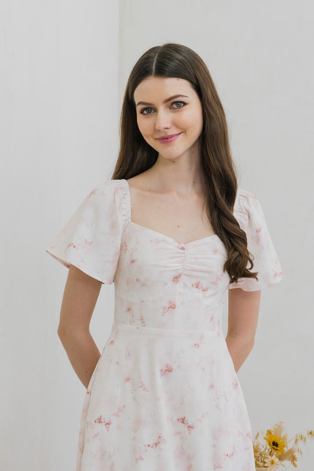 Rexa Ribbon Sweetheart Midi Dress in Pink
