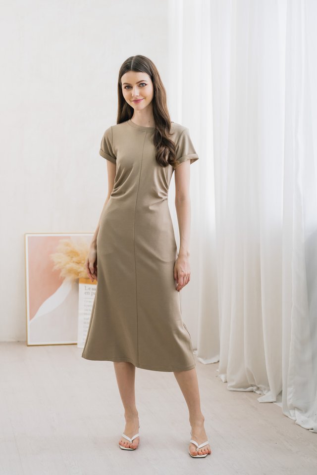 Rechella Ruched Midi Dress In Khaki