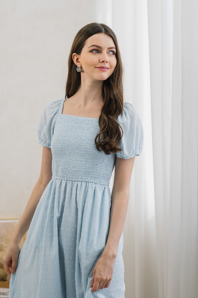 Shira Smocked Swiss Dot Midi Dress In Light Blue