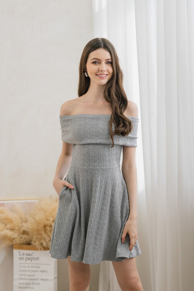 Violeta Off Shoulder Knitted Dress In Grey