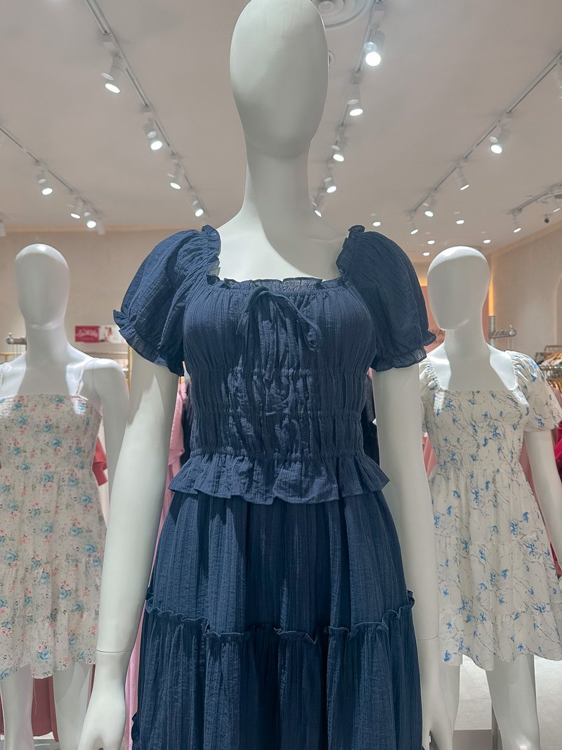 Ripple Textured Ruffles Tiered Midi Dress In Navy (XS)