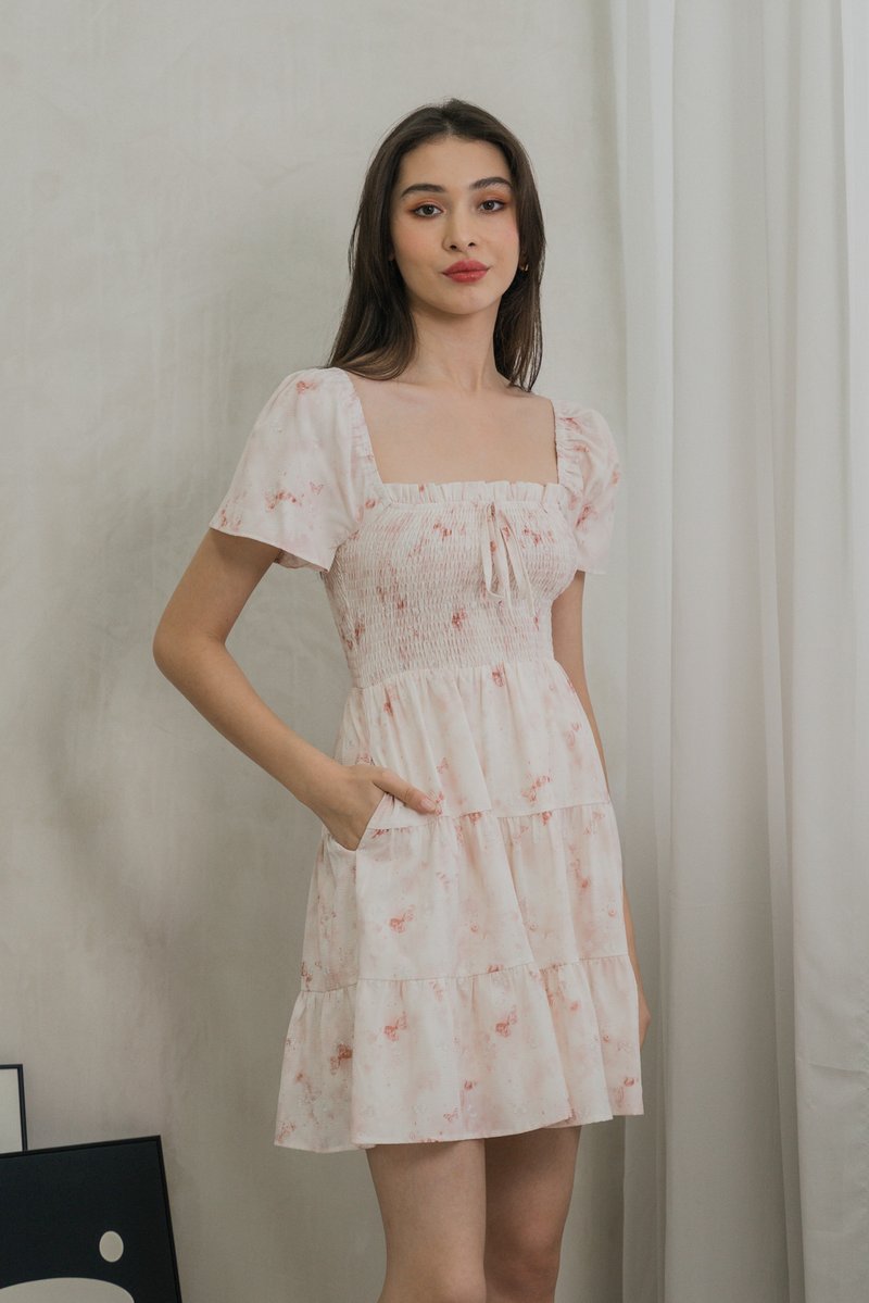 Rexa Ribbon Smocked Tiered Dress In Pink (XS)