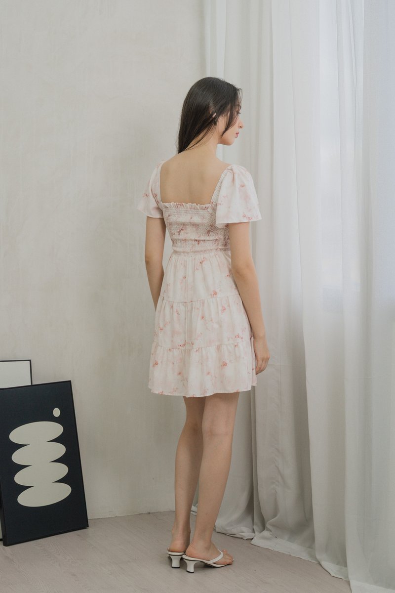 Rexa Ribbon Smocked Tiered Dress In Pink (XS)