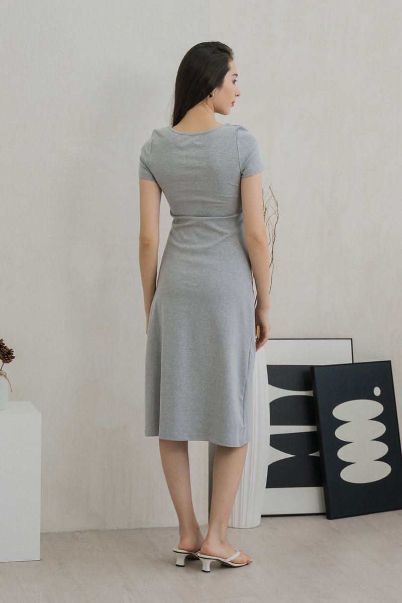 Oaklyn Side Ruched Overlap Midi Dress In Grey