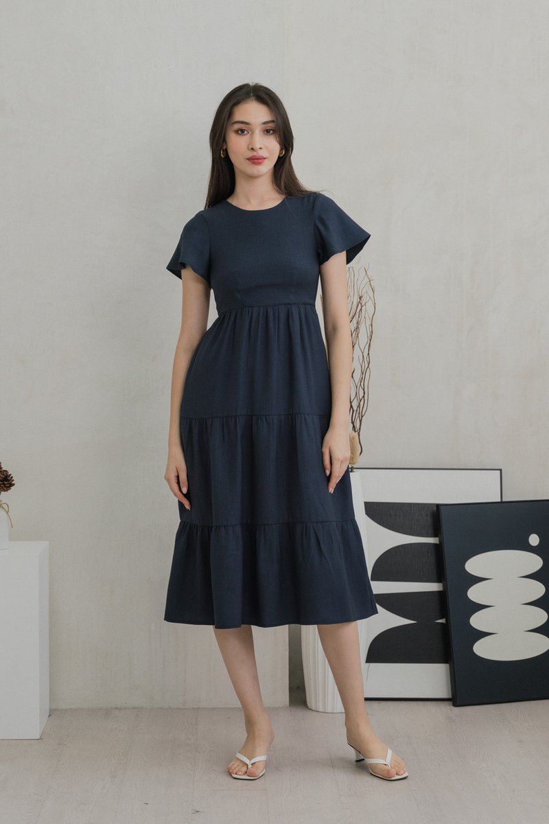 Millicent Textured Tiered Midi Dress In Midnight Blue (XS)