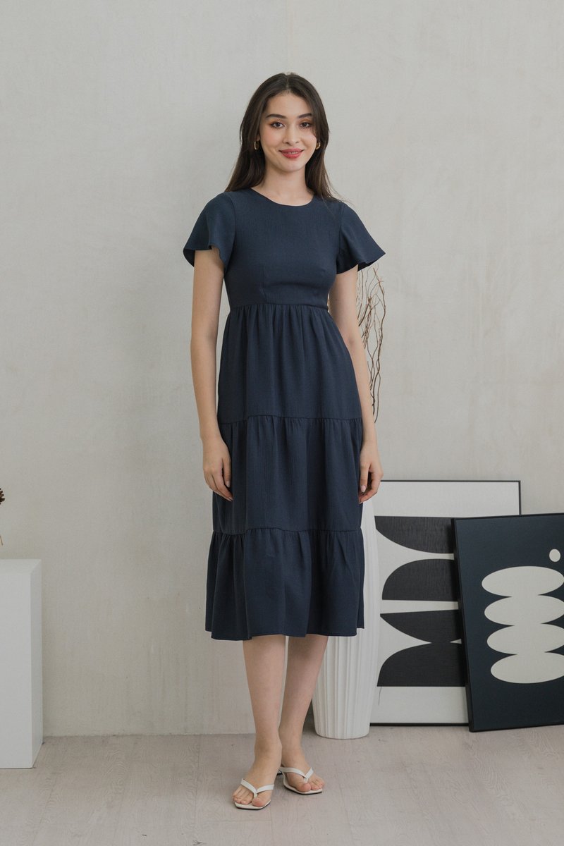 Millicent Textured Tiered Midi Dress In Midnight Blue (XS)