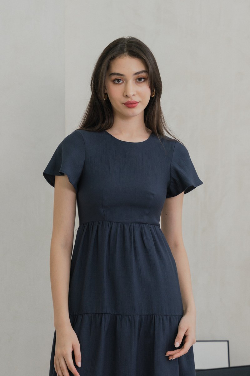 Millicent Textured Tiered Midi Dress In Midnight Blue (XS)
