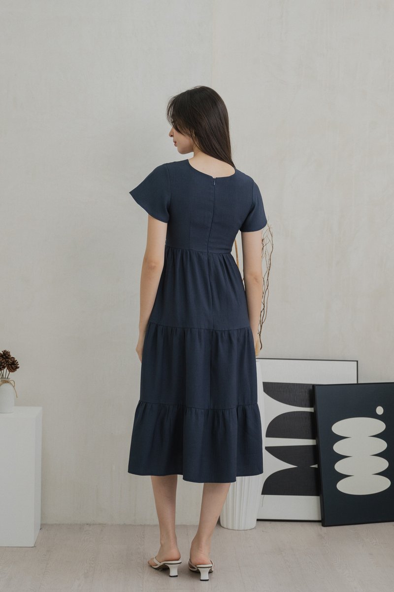 Millicent Textured Tiered Midi Dress In Midnight Blue (XS)