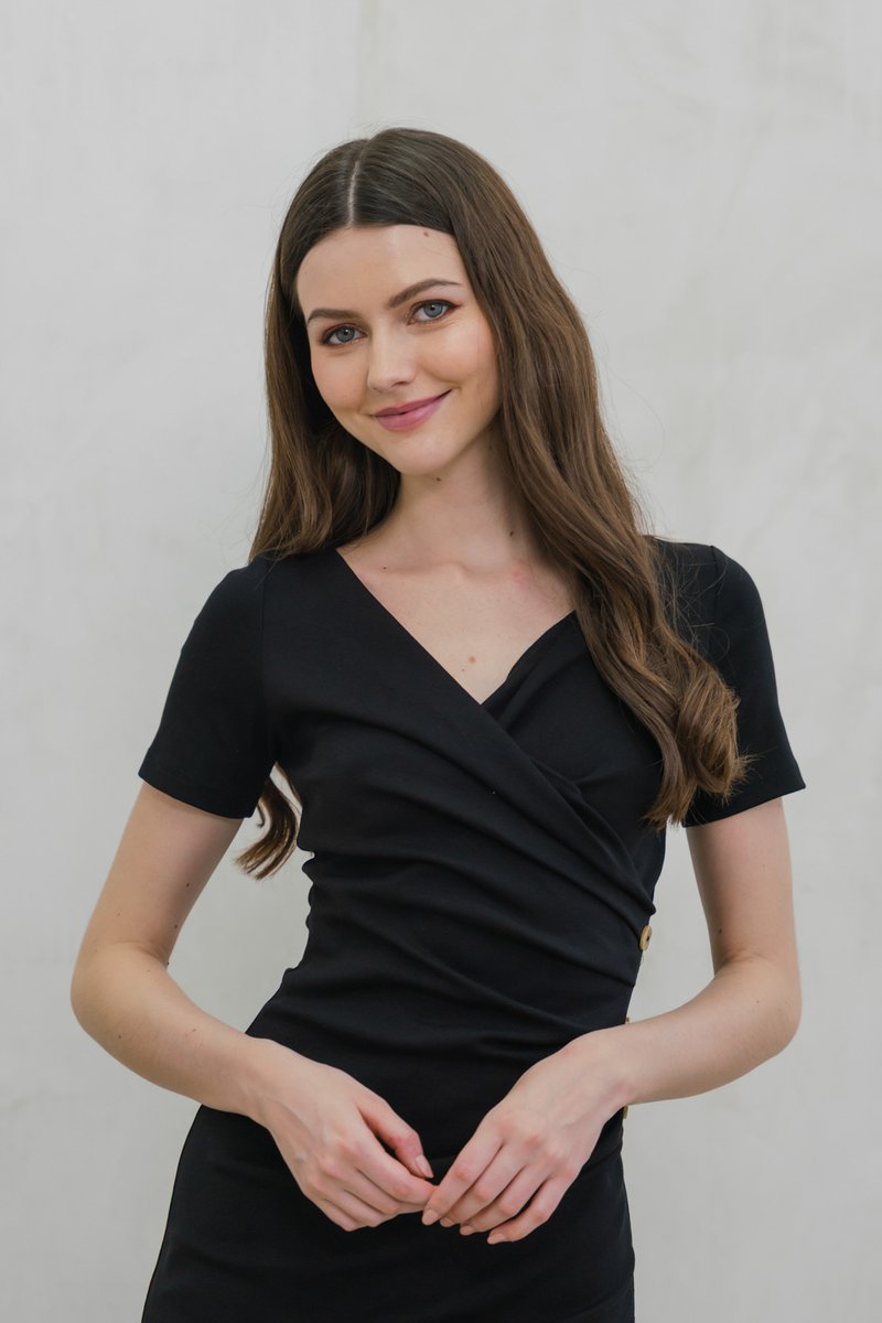Sicily Side Ruched Button Overlap Dress In Black (XS)