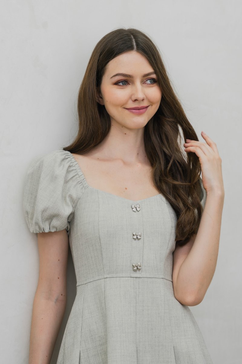Precious Ribbon Button Puff Sleeve Dress In Light Grey (XS)