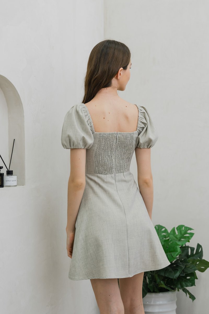 Precious Ribbon Button Puff Sleeve Dress In Light Grey (XS)