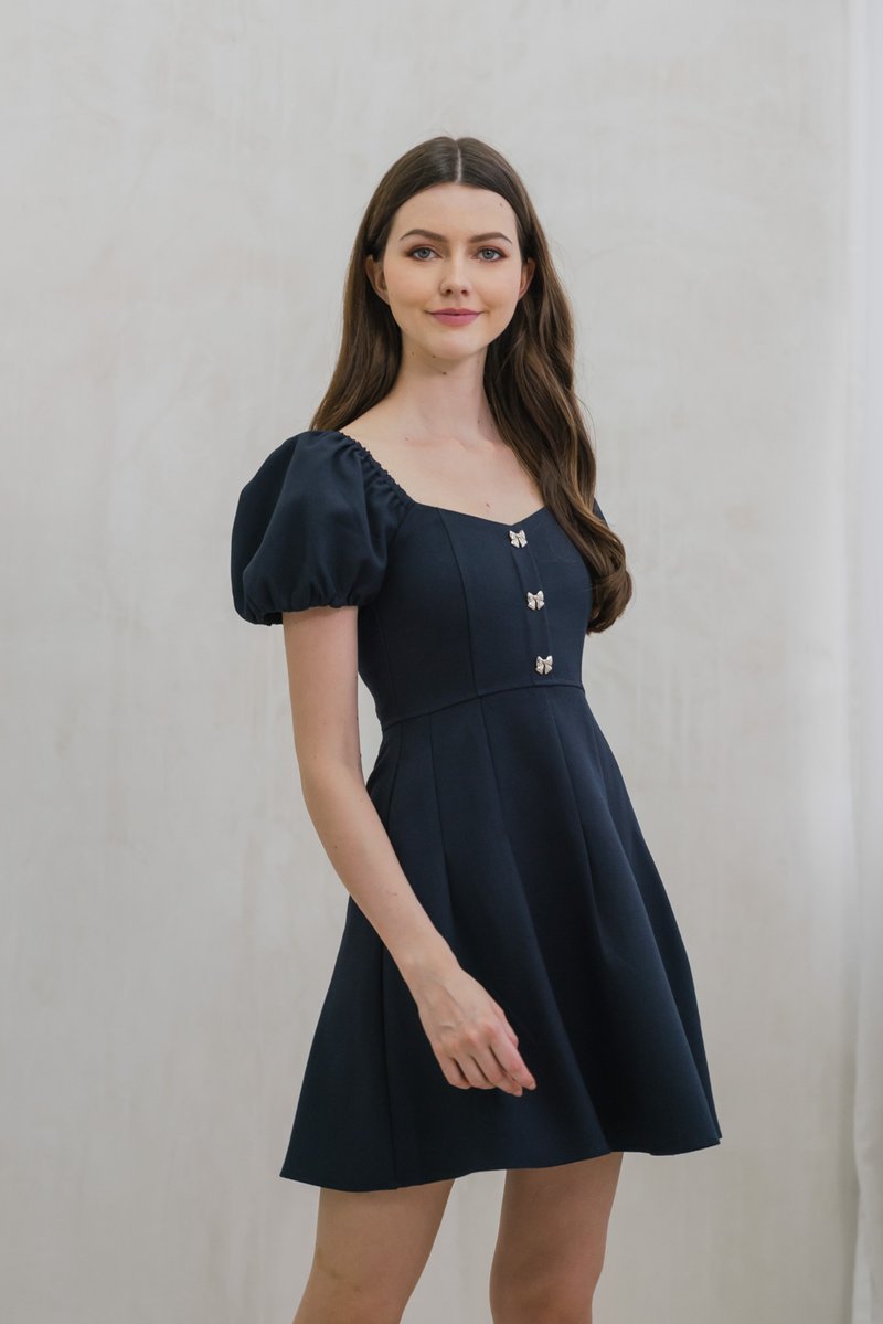 Precious Ribbon Button Puff Sleeve Dress In Navy
